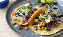 Sweet Potato, Black Bean, and Corn Tacos with Creamy Salsa Verde